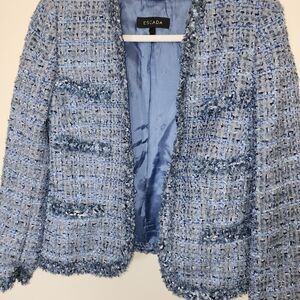 ESCADA BLUE WOOL BLEND TWEED JACKET FRINGE DETAILS WITH FRONT POCKETS.